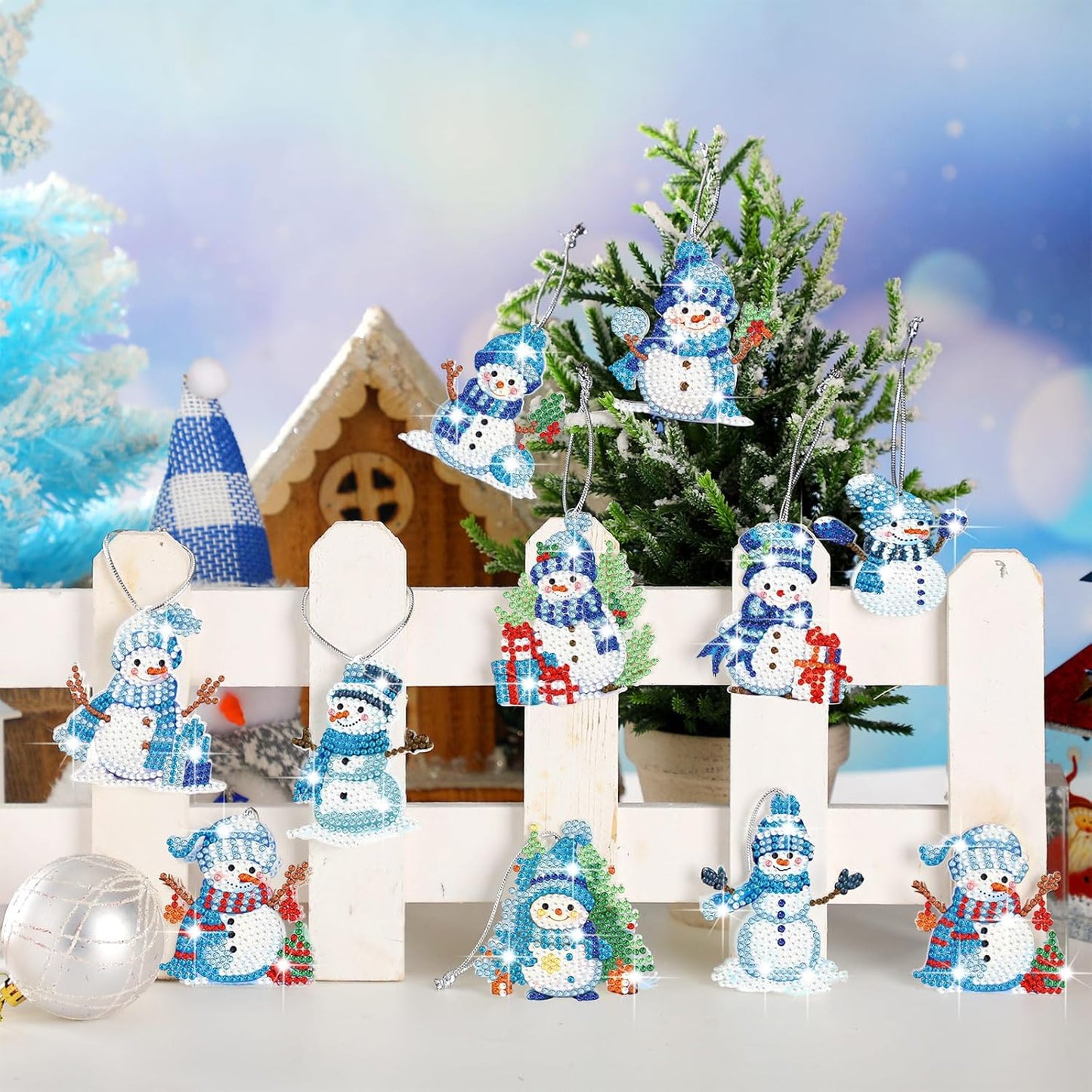 Skylety 20 Pcs Christmas Diamond Art Ornaments Kit Cute Snowman Diamond Painting Ornaments Tag DIY Xmas Rhinestone Art Keychain Crystal Handcraft Gift Wrap Tags with Rope Home Party Decor(Blue)
