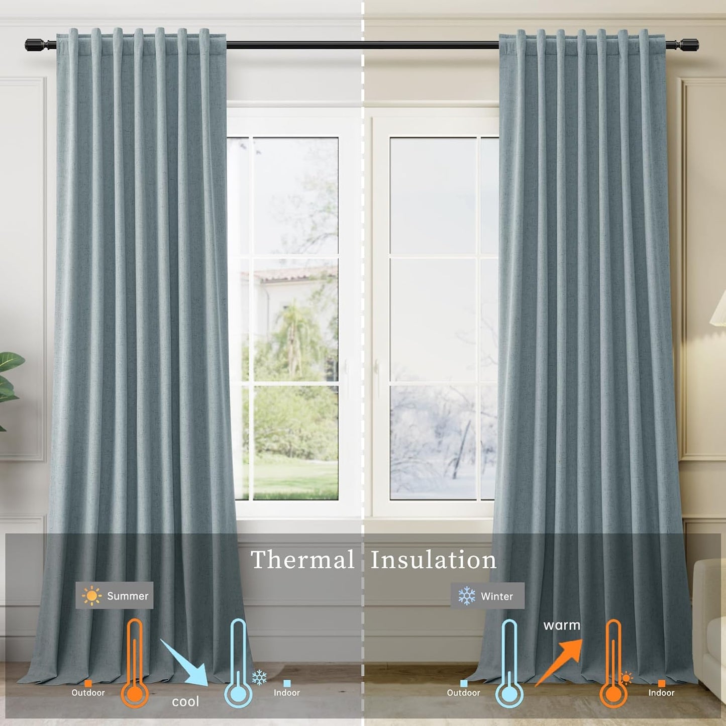 BOODII Room Darkening Curtains 120 Inch Back Tab Thermal Insulated Black Out Linen Drapes Extra Long Blackout Curtains for Patio Door Large Window Ceiling to Floor Light Blocking Stone Blue 52x120