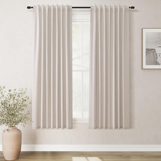 BOODII 63 Inch Blackout Curtains Linen Black Out Curtain for Bedroom 2 Panels Set Neutral Room Darkening Curtains Sand Beige Thermal Insulated Curtain for Nursery Window Drapes Back Tab 52x63