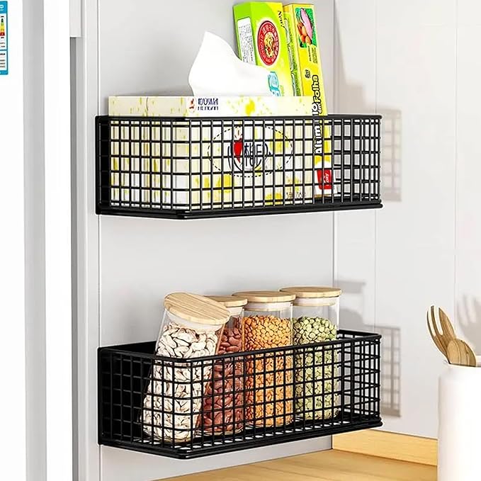 Magnetic Basket Fridge Organizer Wire Bins Pencil Holder Whiteboard Accessories Home Kitchen Organization (Black-High)
