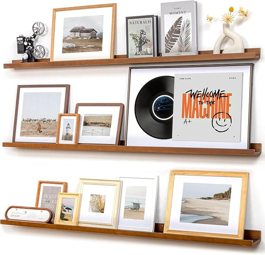 Picture Ledge Wall Shelves 56 inches Width Set of 3, Solid Pine Wood Rustic Floating Ledge Shelves for Wall for Kids' Room Bedroom Kitchen Bathroom Long Floating Shelves for Wall Decor, Walnut