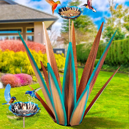 Large Tequila Rustic Sculpture, Rustic Metal Agave Plants for Outdoor, Home Decor Garden Yard Statue (Blue - L (W/Bird Feeder))