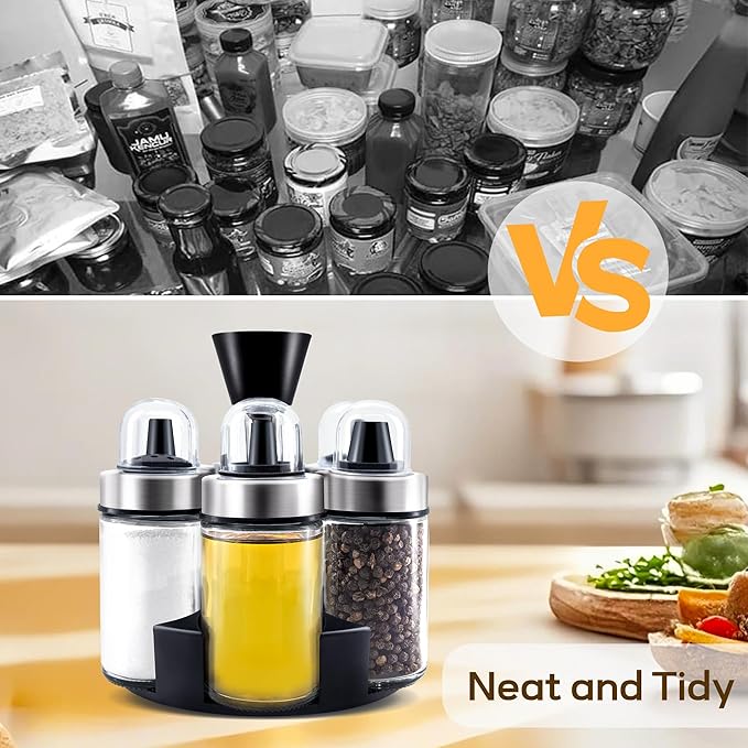 Mlici Oil and Vinegar Dispenser Set of 6 Bottles, Stainless Steel Salt Pepper Holder with 360° Rotating Holder, Cruet Soy Sauce - Premium Glass Condiment for Kitchen, Tabletop, Kitchen Containers
