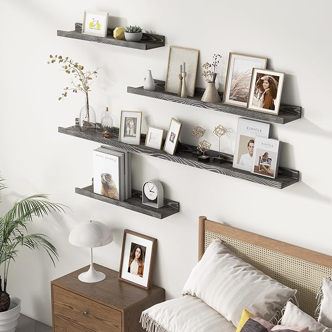 Picture Ledge Wall Shelves - Set of 3, 16 Inch Width, Solid Pine Wood Rustic Floating Ledge Shelves for Kids' Room, Bedroom, Kitchen, Bathroom, Living Room, Nursery Display Decor, Grey