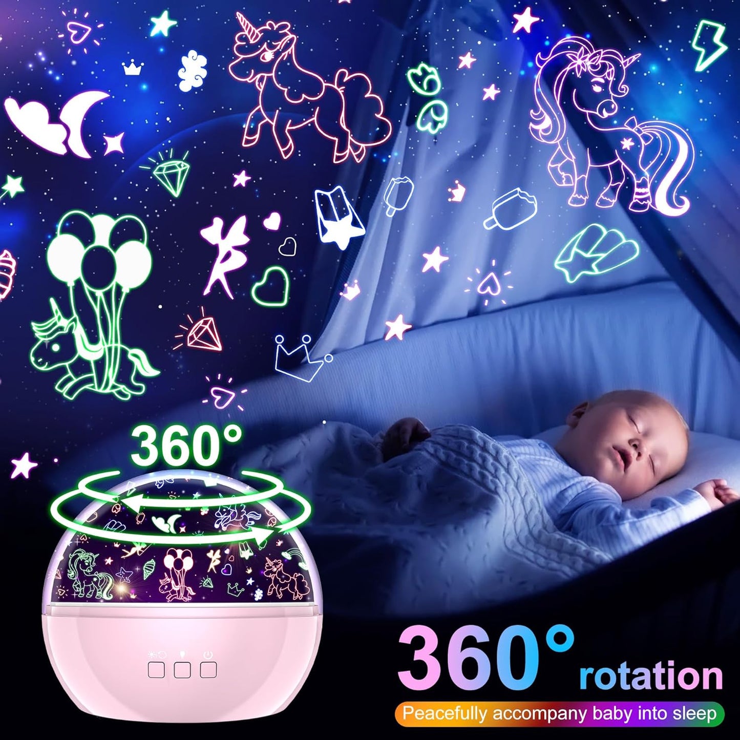 Star Projector Night Light for Kids,Baby Night Lights with Unicorn and Star Theme,360 Degree Rotation,15 Mode Color Changing,Birthday Gift Toys