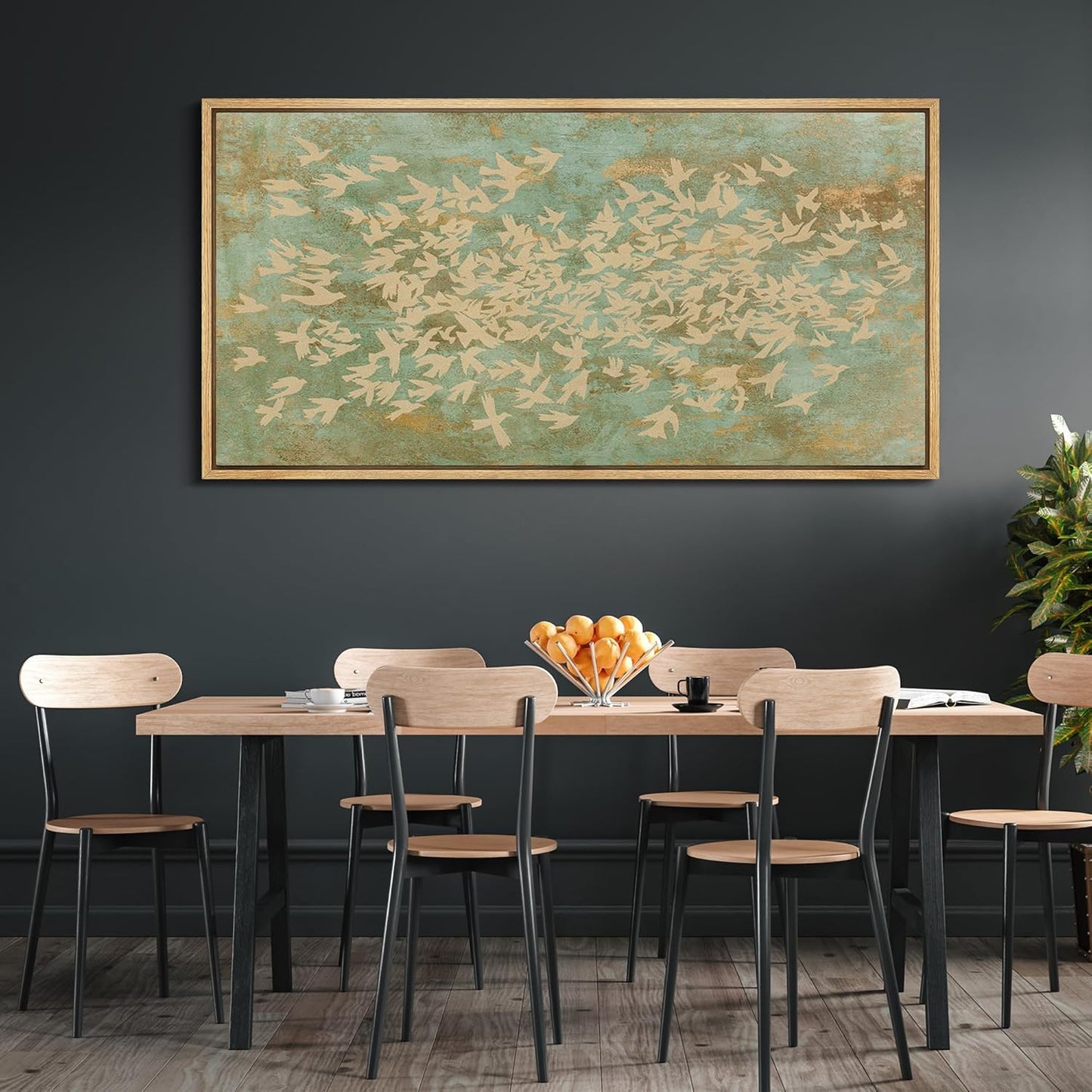 MUDECOR Extra Large Framed Canvas Print Wall Art Rustic Birds in Flight Abstract Pattern Antique Retro Fine Art Illustrations Decorative Colorful for Bedroom - 60"x30"