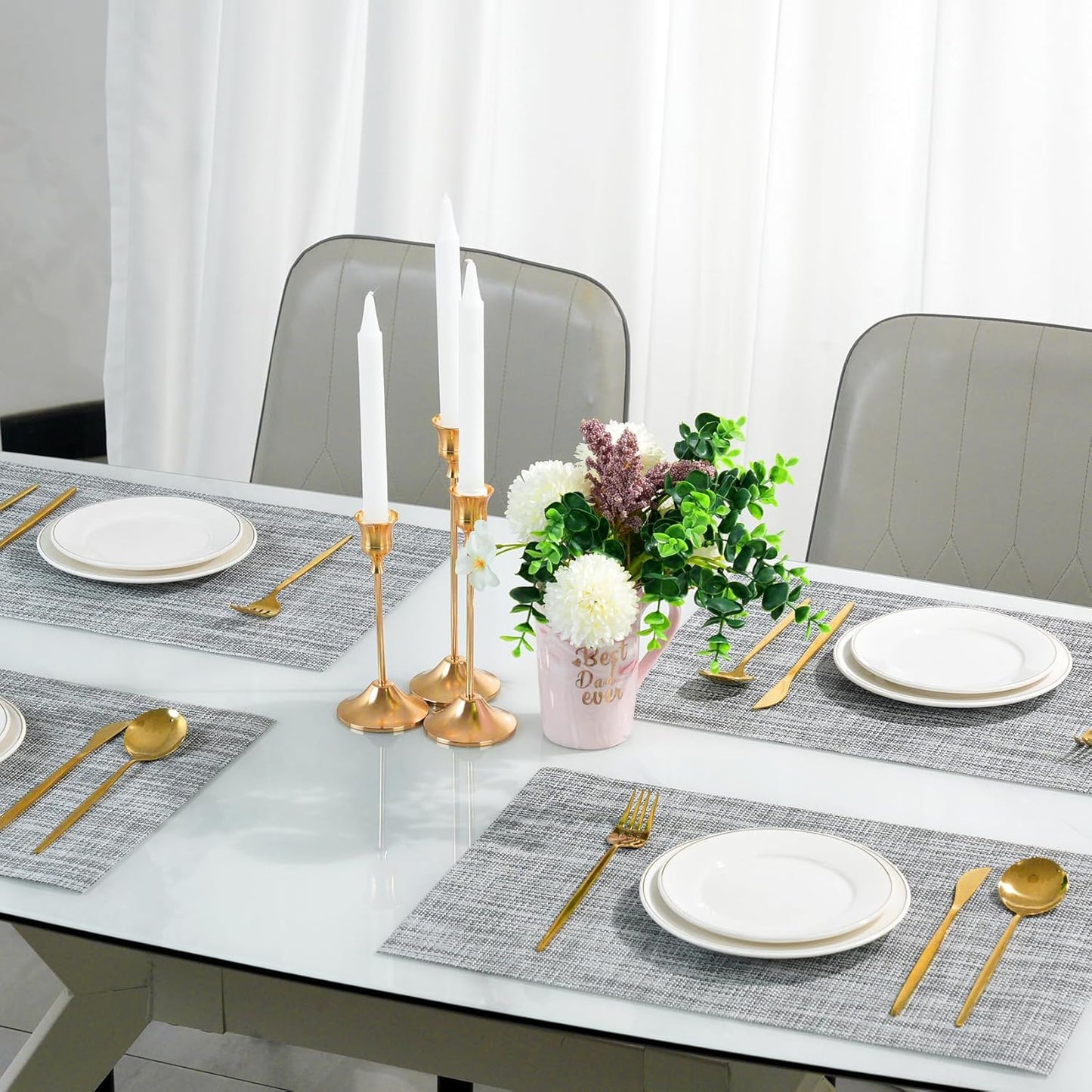 Placemats Set of 12，Non-Slip PVC Weave Table Placemats Easy to Clean，Heat Resistant Place Mats for Kitchen Dining Table Decoration Indoor Outdoor，Gray