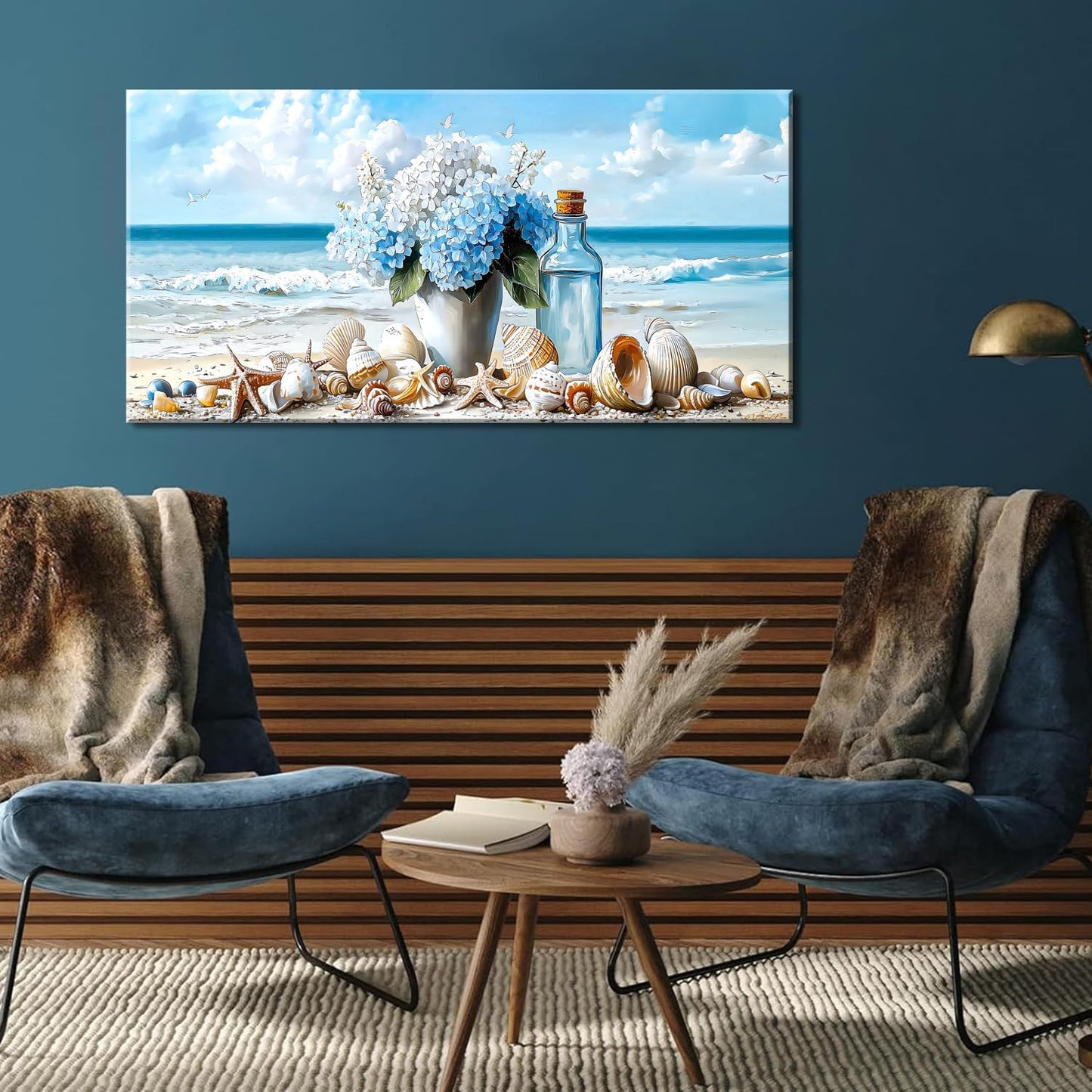 LASMOND Romantic Beach Wall Art for Living Room Blue Shells Conch Vase Canvas Prints Modern Large Flower Bottle Bedroom Ocean Artwork Decor (40x20 Inches)