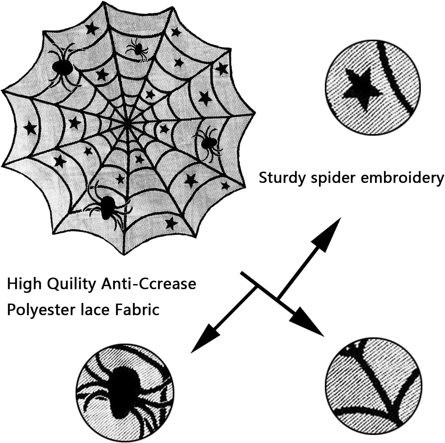 ZeeDix 39 Pcs Halloween Decorations Kit Black Lace Spiderweb Round Tablecloth Table Runner, Giant Spider Cobweb Fireplace Scarf with 36PCS Scary 3D Bats Wall Stickers for Halloween Party Decor