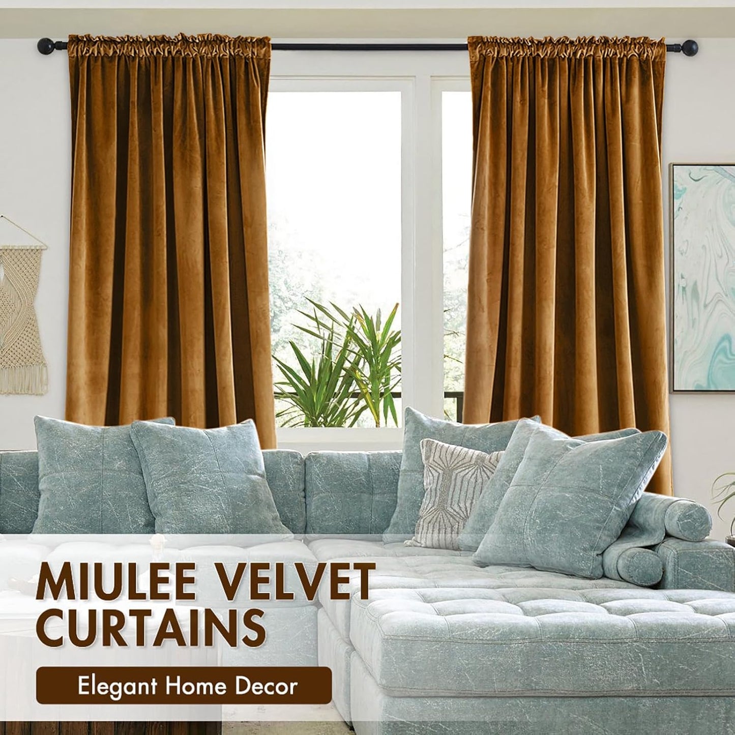 MIULEE Golden Brown Velvet Curtains Thermal Insulated Blackout Curtain Drapes for Bedroom Living Room Darkening 90 Inches Long Curtains Panels Rod Pocket Set of 2