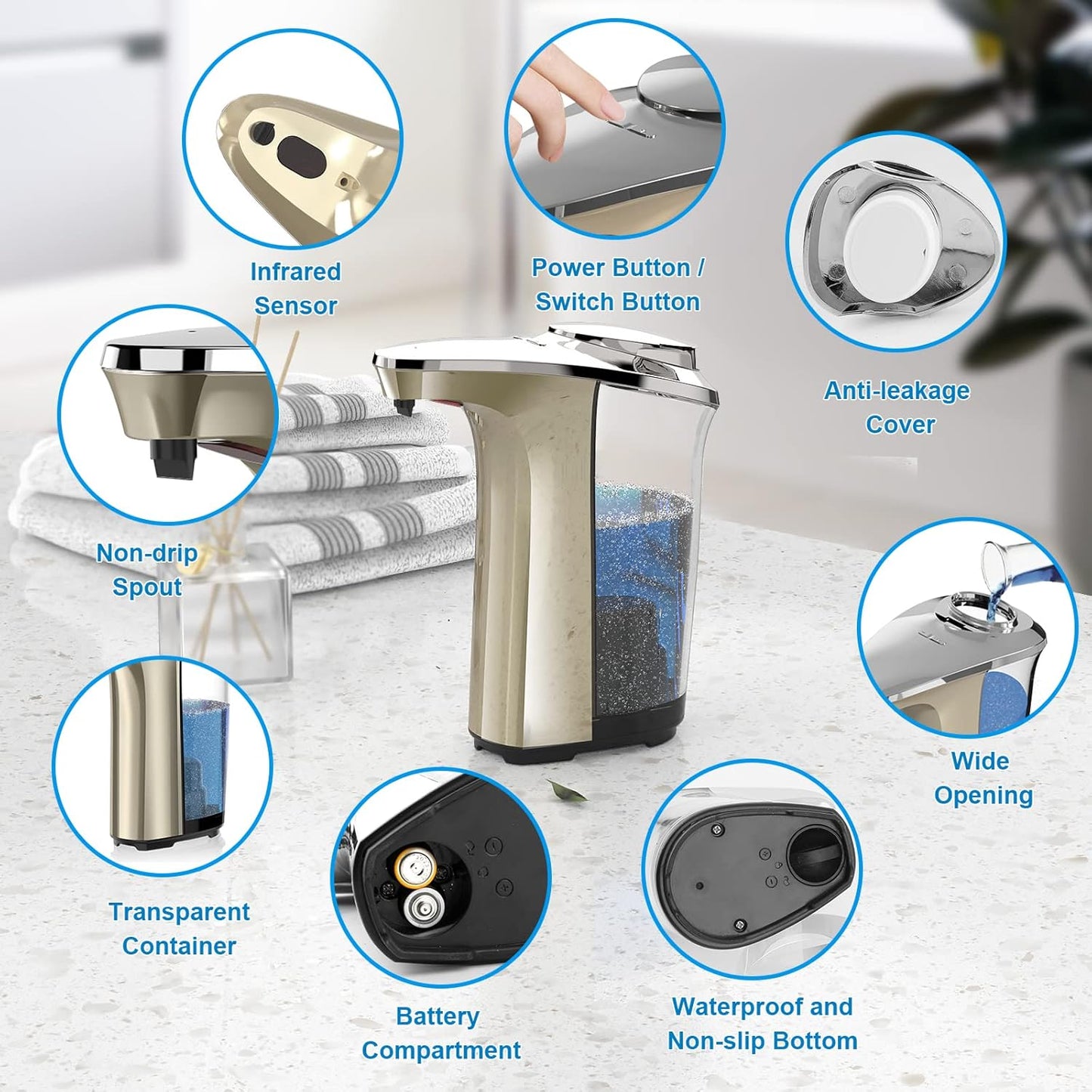 Automatic Soap Dispenser, Touchless Dish soap Dispenser 17oz/500ml with Upgraded Infrared Sensor, 5 Adjustable Soap Dispensing Levels, Liquid Hand soap Dispenser for Bathroom & Kitchen