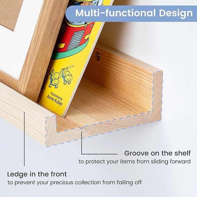 Picture Ledge Shelf for Wall, 16 inch Solid Pine Wood Nursery Book Shelves 2 Packs, Floating Ledge Shelves for Kids' Room Bedroom Bathroom Living Room Photo Frames Office Nursey Wall Decor, Natural