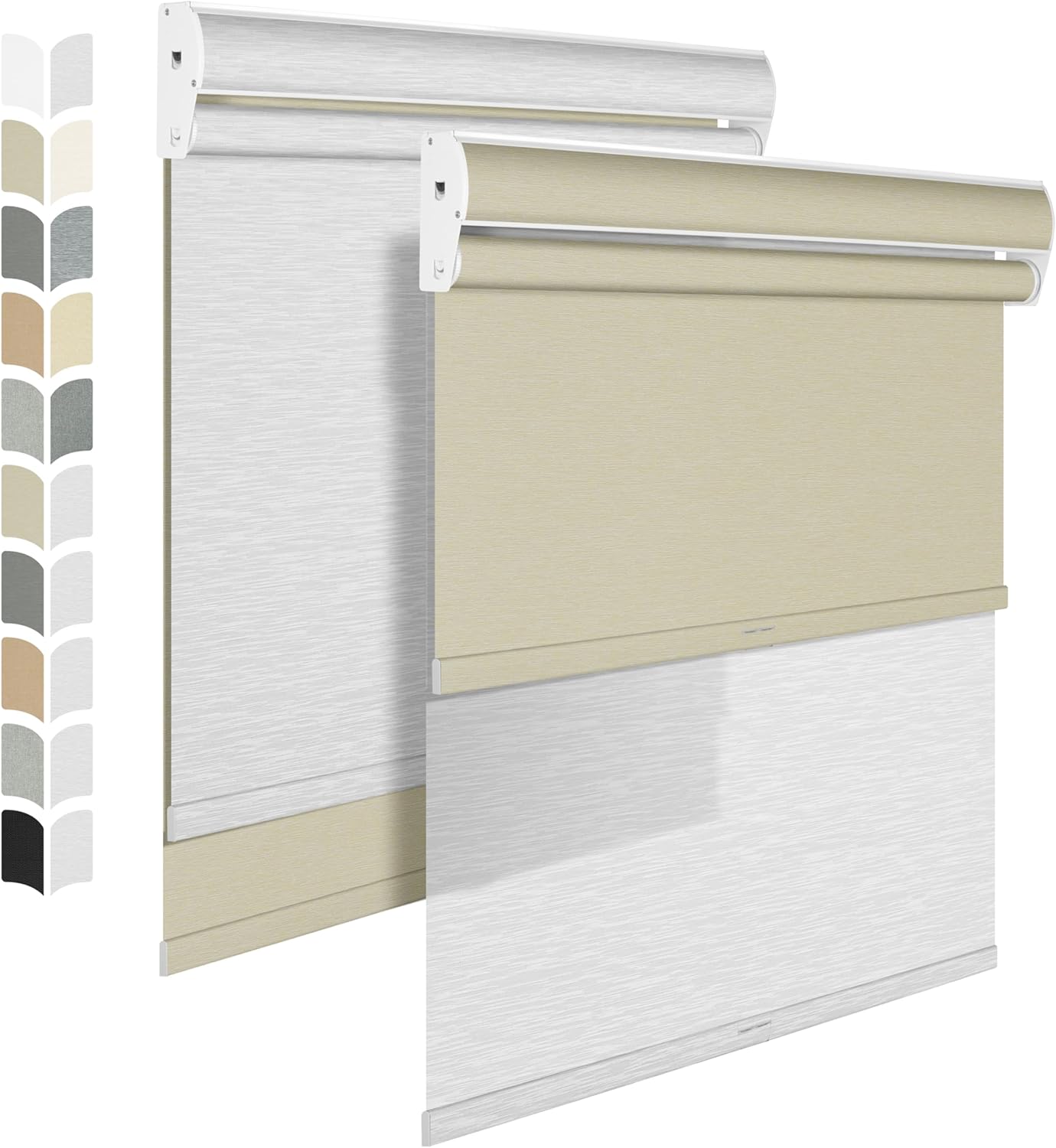BERISSA Cordless Dual Roller Shades with Cassette Valance, Double Window Shades - Blackout and Light Filtering, Day and Night for Home Office Door. Beige and White. 63 W x 44" H