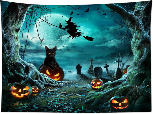 LB Halloween Tapestry Pumpkins Black Cat Dead Tree in Spooky Graveyard Full Moon Night with Witch Halloween Wall Hanging for Bedroom Living Room Dorm Decor 59x51 Inch
