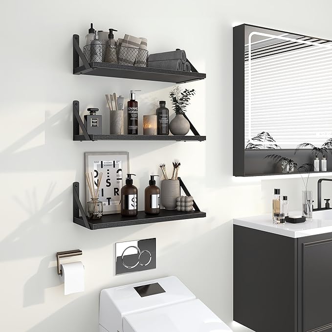 Heimlove Floating Shelves for Wall, 16 Inch Long Wood Floating Shelves Set of 3, Wall Mounted Hanging Shelf for Bathroom Bedroom Kitchen, Black