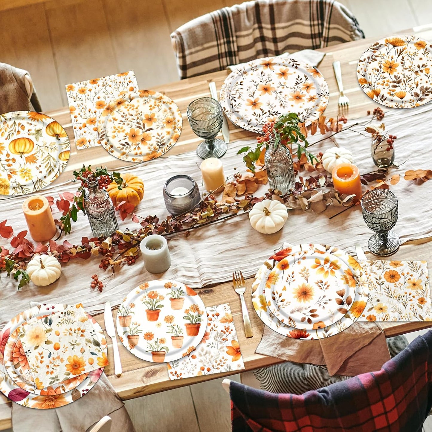 Fall Party Supplies - 60Pcs Autumn Thanksgiving Plates and Napkins Pumpkin Maple Leaf Table Decorations for Fall Birthday,Thanksgiving Party
