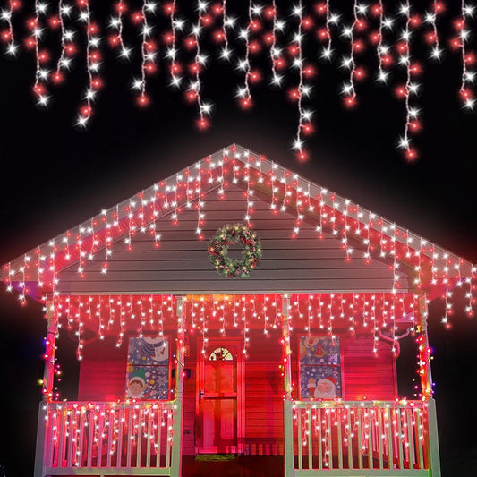 800 LED Icicle Lights Red and White