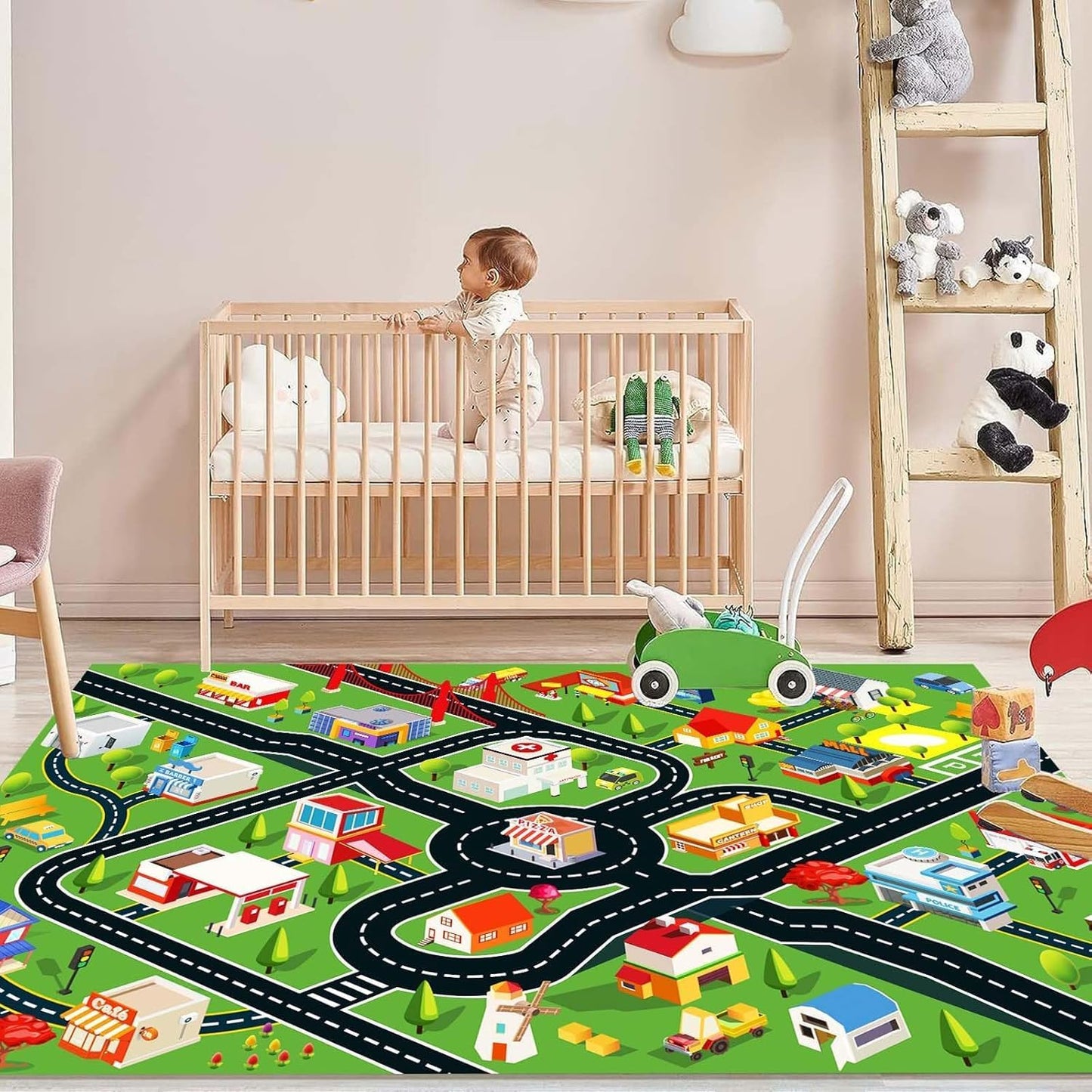 Kids Rug Car Rugs for Kids Toy Cars Play Mat with Rubber Backing City Life Road Rug for Cars Fun City Map for Carpet for Bedroom Boys (RED-Rug, 6.6x9.8ft)