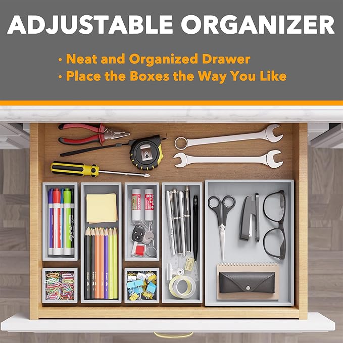 SpaceAid 7-Piece Bamboo Drawer Organizer Storage Boxes Set, Wood Tray Junk Drawer Organizers Multi-Use Divider Bins for Kitchen, Bathroom, Office Desk and Makeup Organization (7 Pack, Gray)