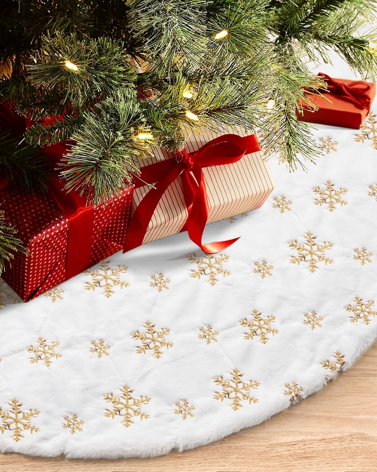 COOLWUFAN 36 Inches Christmas Tree Skirt for Xmas Tree Holiday Party Decoration White Plush Gold Sequin Snowflake (Gold)