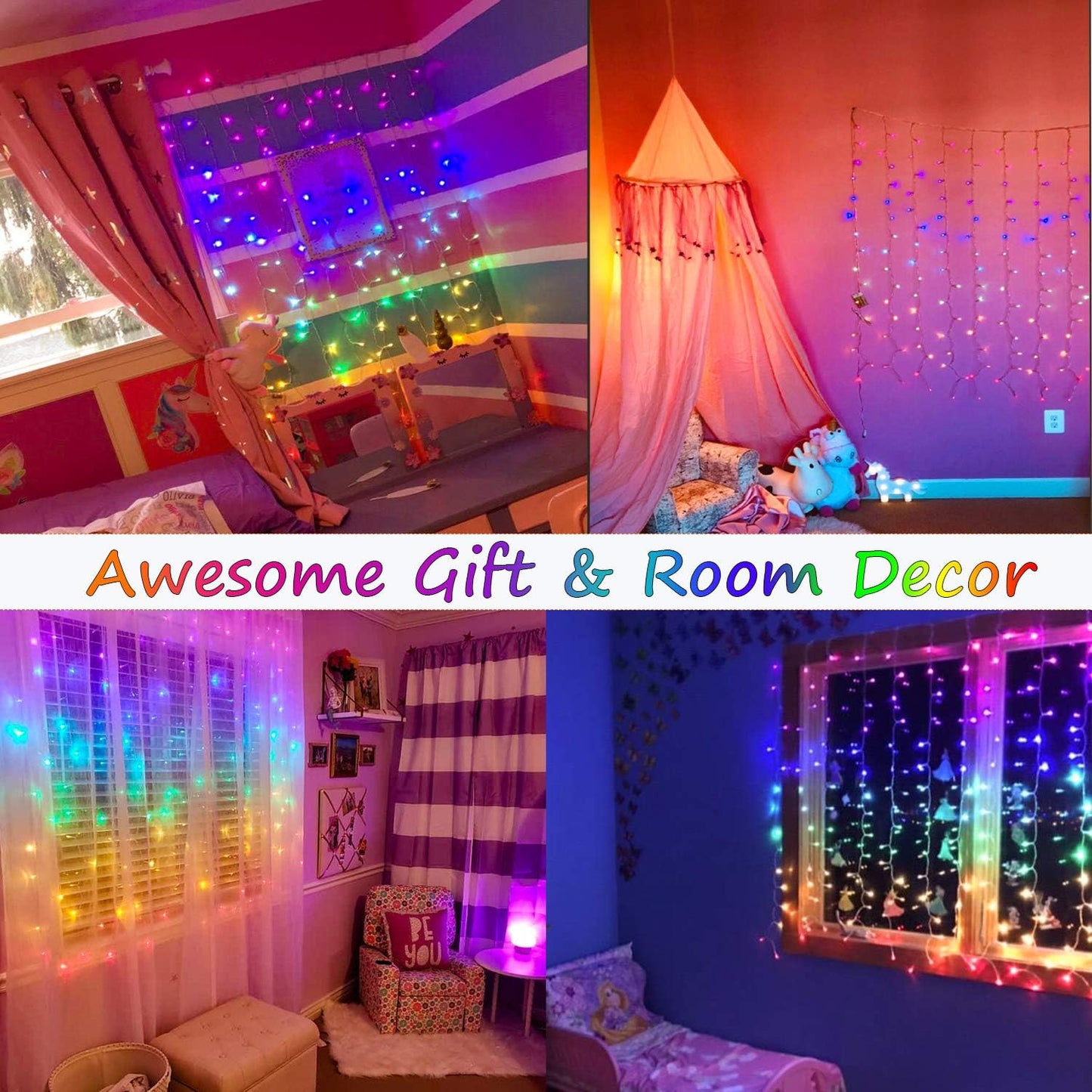 Rainbow Fairy String Curtain Lights with Remote, Twinkle LED Icicle Rainbow Lights Curtain for Girls Room, Bedroom, Teen Room, Kids Room, Unicorn Room, Party, Holiday Décor (Rainbow)