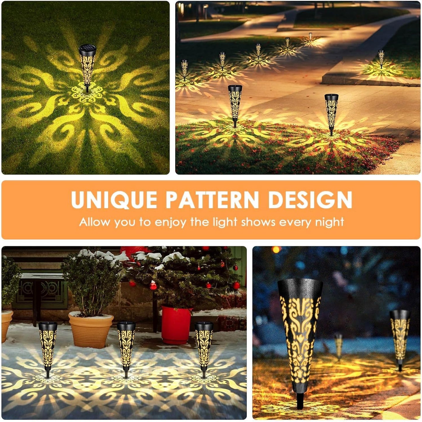 pearlstar Solar Lights Outdoor Garden Decorative Pathway Lights Waterproof Unique LED Solar Stake Lights for Patio Yard Walkway Driveway Landscape Decor, Conical, Warm Lights, Black-6pack