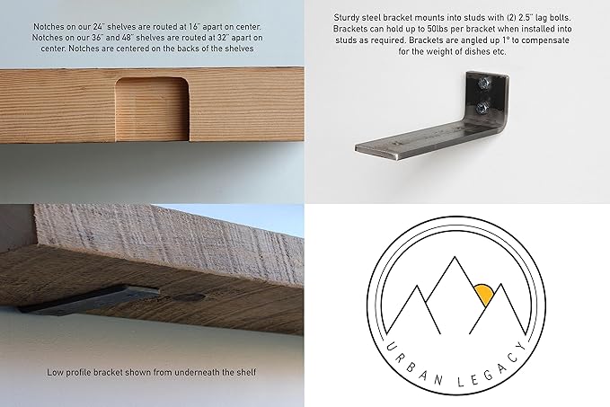 Urban Legacy Reclaimed Barn Joist Deep Floating Shelves | Deep Shelves with Low Profile Shelf Bracket with High Weight Capacity, Set of 2 (48" x 11" x 2.5", Natural)