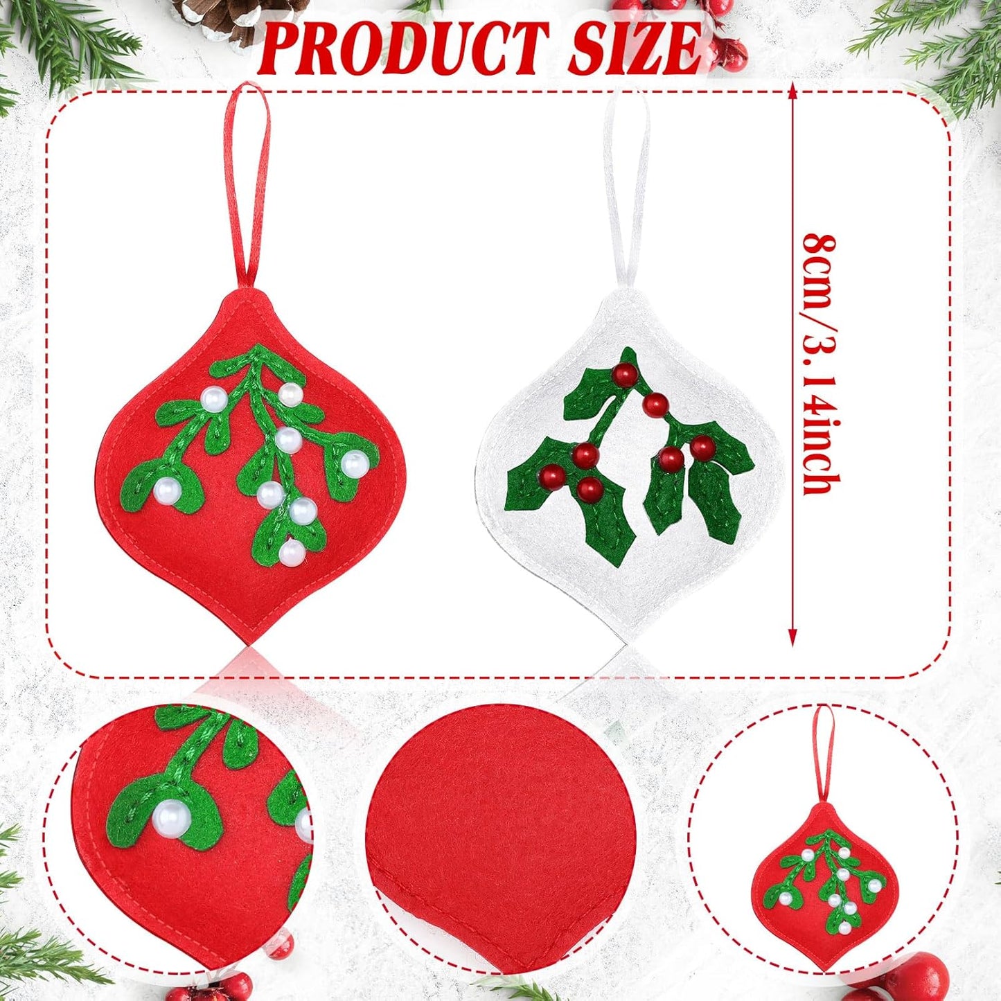 12 Pcs Christmas Felt Ornaments for Tree Red and White Mistletoe and Holly Leaves with Berries Poinsettias 3D Hanging Decorations Hanging Felt Craft for Christmas Party Favors Gifts