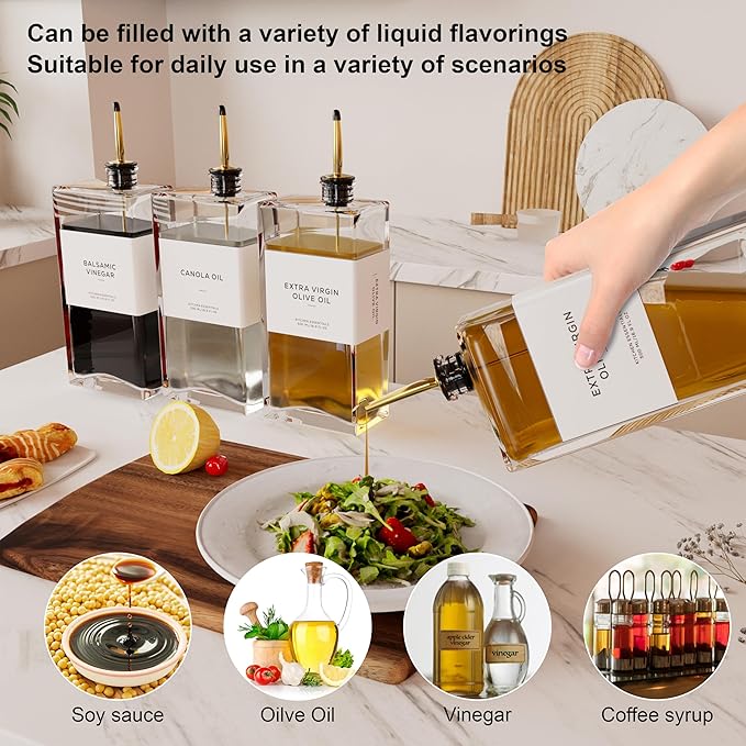 Olive Oil Dispenser for Kitchen, 16.9 oz/ 500 ml Olive Oil Dispenser Bottle, Glass Oil Bottles for Kitchen with 4 Stainless Steel Pourers, 40 Labels, 2 Pcs, Gold