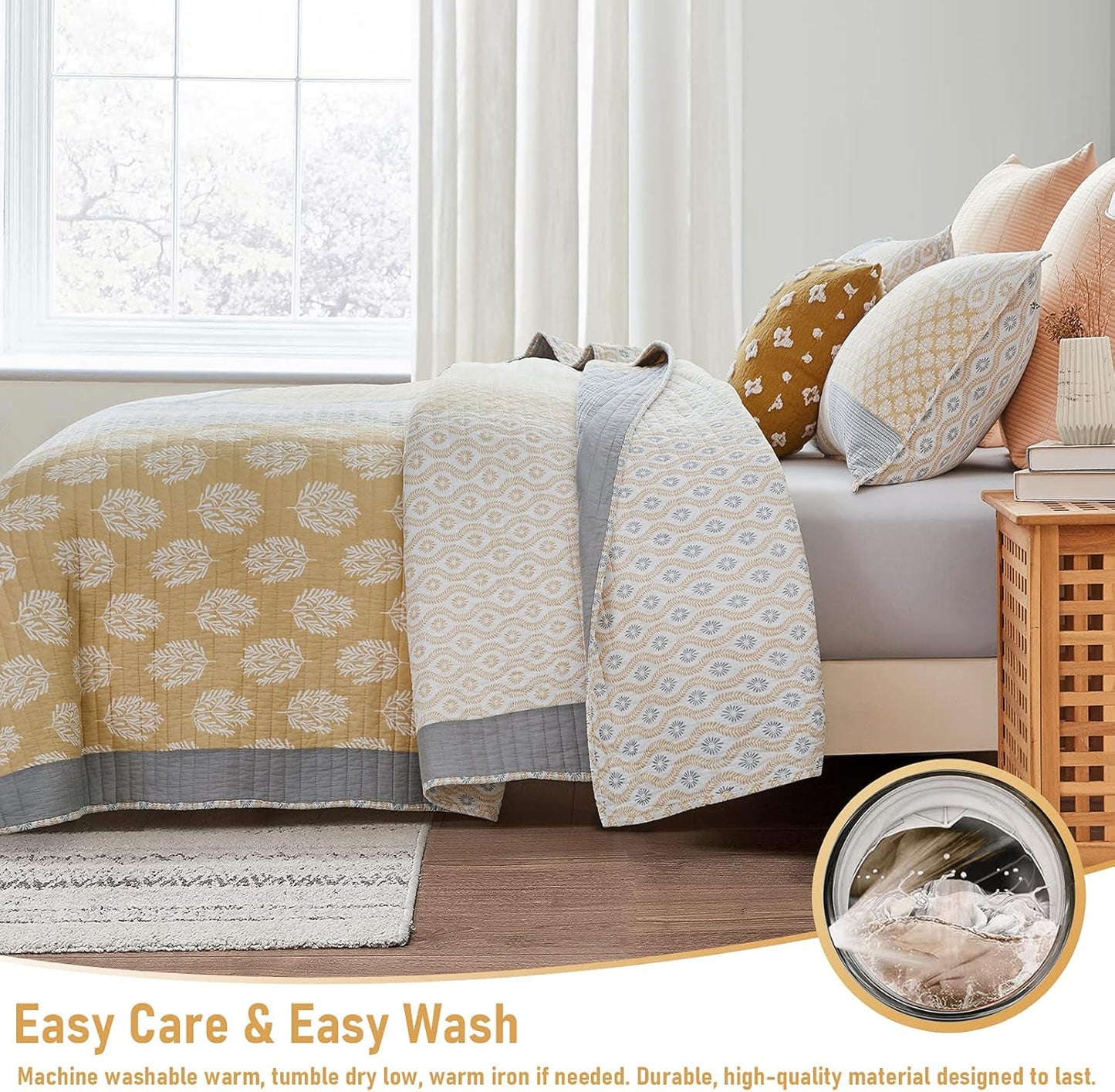 PANGUSHAN Twin Quilt Set,100% Cotton Patchwork Quilt Set Bedspread,Yellow Floral Quilt Bedding Set for Twin Bed,Gray(Grey)/Yellow/White Reversible Lightweight Comforter Bed Spread,2 Pieces