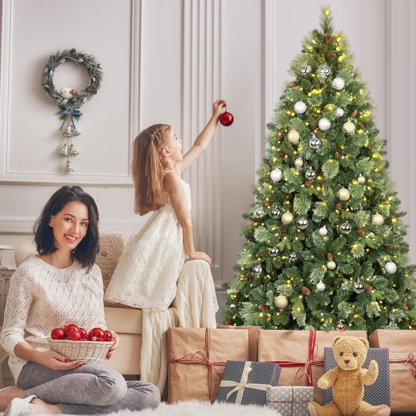 Kadunmina 7.5ft Artificial Christmas Tree Carolina Pine Tree, Unlit Hinged Premium Xmas Trees with 1645 Branch Tips, Pine Cones, Foldable Metal Stand for Home, Office, Holiday Party Decoration