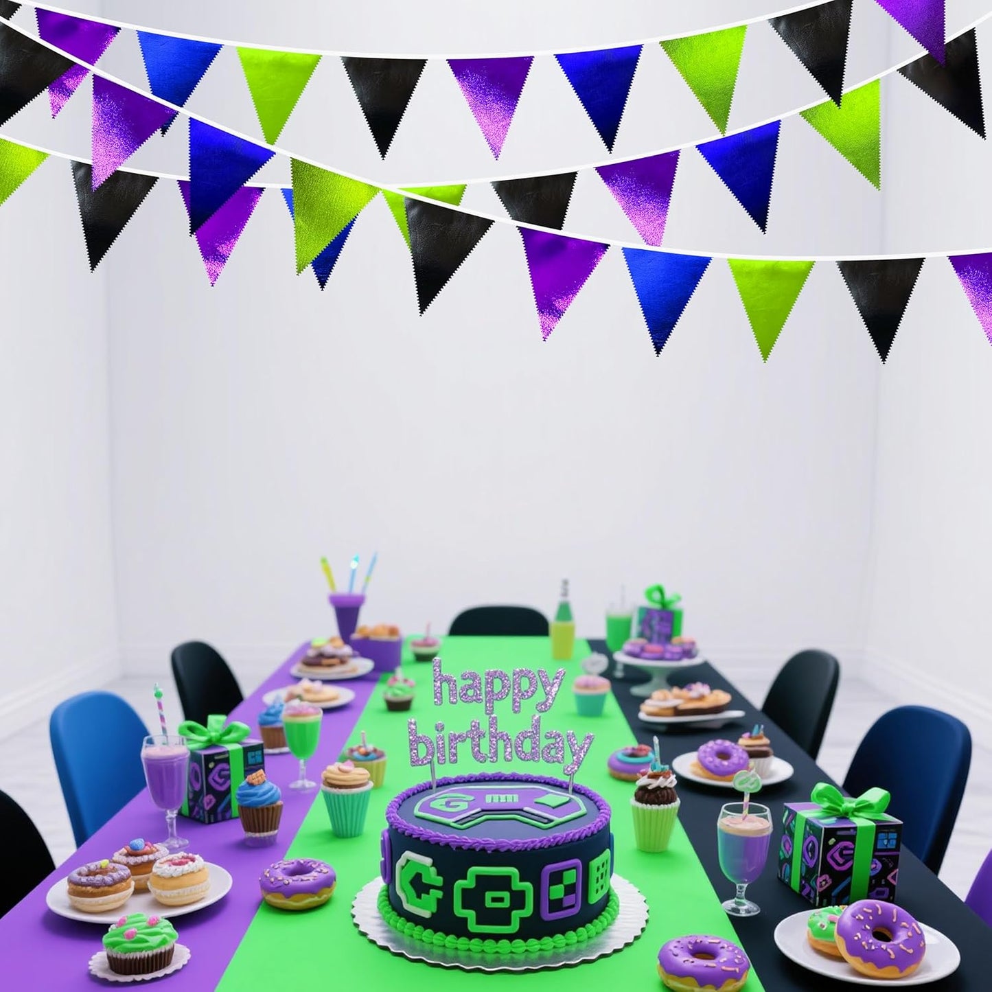 Video Game Party Decorations Black Blue Green Purple Metallic Fabric Triangle Pennant Banner Flag Bunting for Men Boys Birthday Graduations Retirement Wedding Bachelorette Video Game Party Supplies