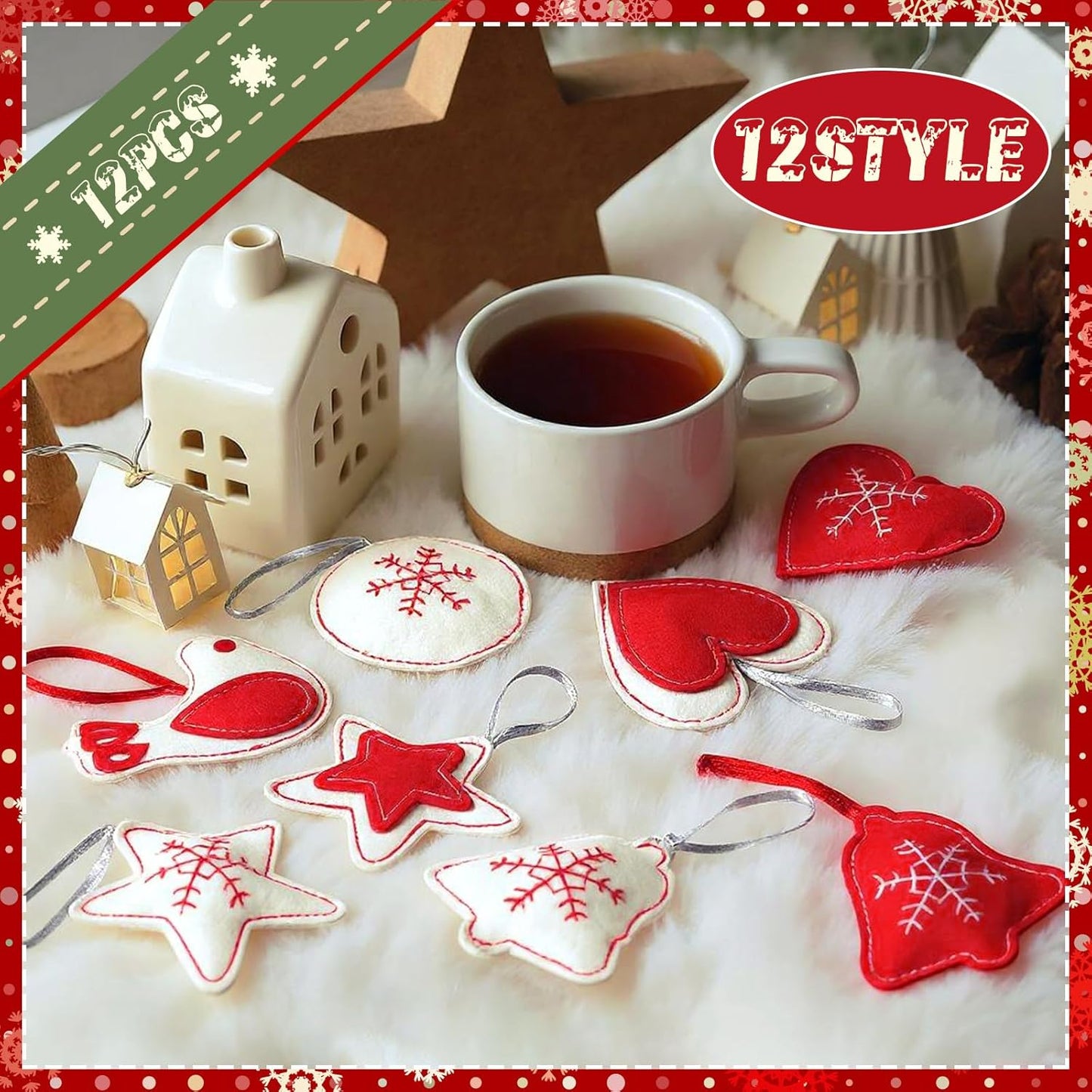 12 Pcs Christmas Felt Ornaments for Tree 3D Snowflake Hanging Decorations Classic Red White Hanging Felt Craft for Christmas Party Favors Gifts
