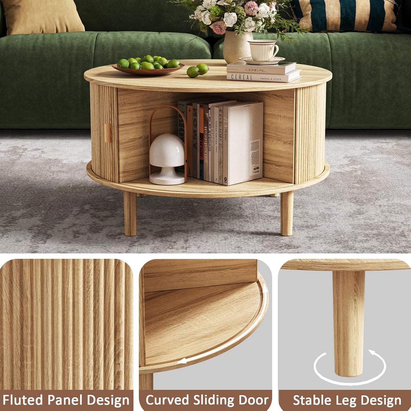 Round Coffee Table with Storage,Fluted Table with 360°Curved Sliding Doors,Solid Wood Legs, Mid Century Modern Center Table for Living Room,Apartment, Home Office,Oak,Natural