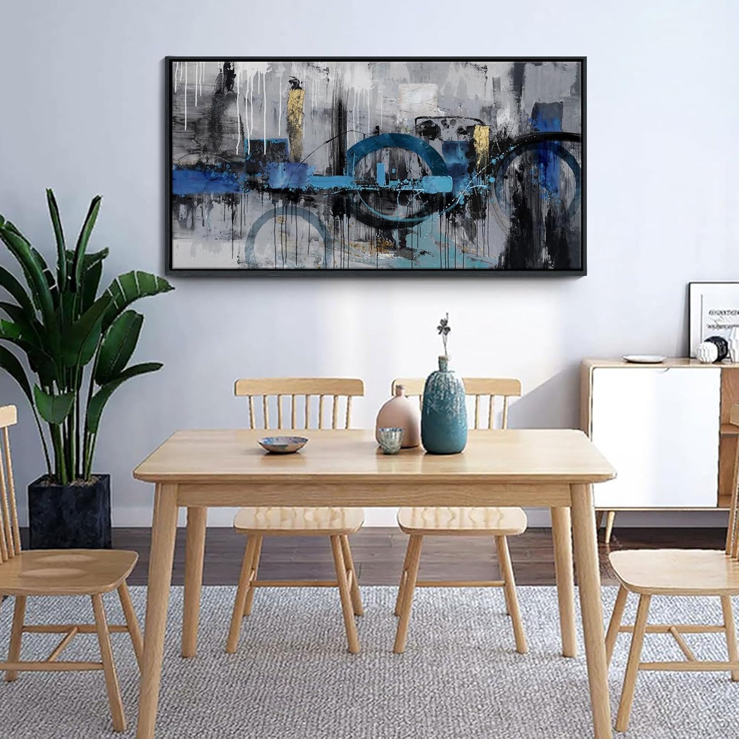 KLAKLA Blue and Gray Abstract Canvas Wall Art - Lnk Style Gold City Scenes Wall Decor Living Room Bedroom Decoration Black Frame Picture Artwork for Wall Modern Landscape Wall Decor