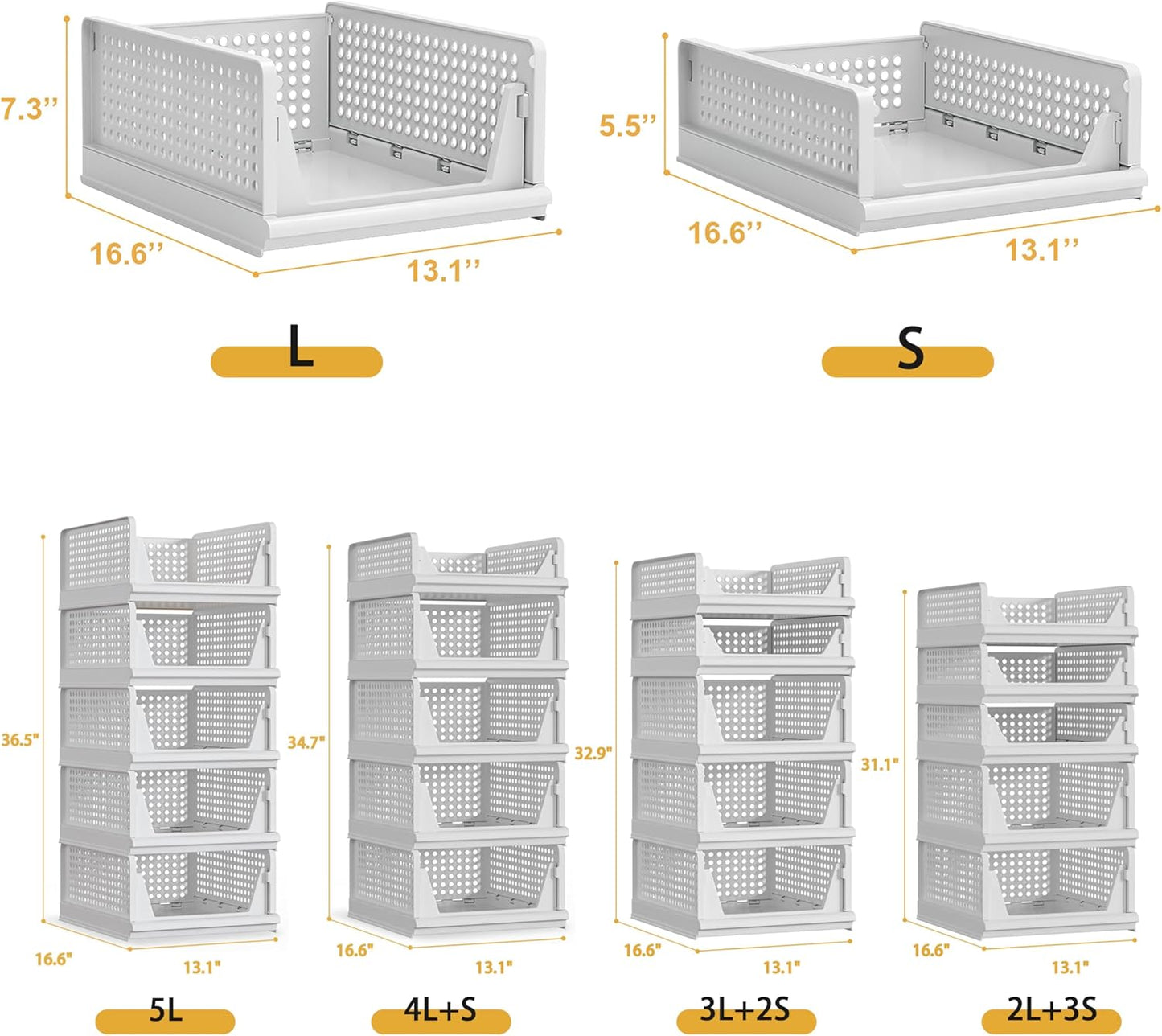 5 Pack Stackable Plastic Storage Basket Closet Organizer Bin Foldable Clothes Organizer Storage Drawer Shelf Container for Living room Bathroom Kitchen Office (2L+3S)