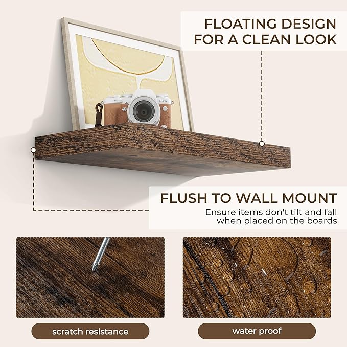 RICHFOCUS 16Inch Floating Shelves for Wall 2 Pack Shelves for Bedroom|Kitchen|Bathroom Wall Mounted Rustic Wood Floating Shelf with Invisible Brackets for Books|Storage|Decor, Rustic Brown