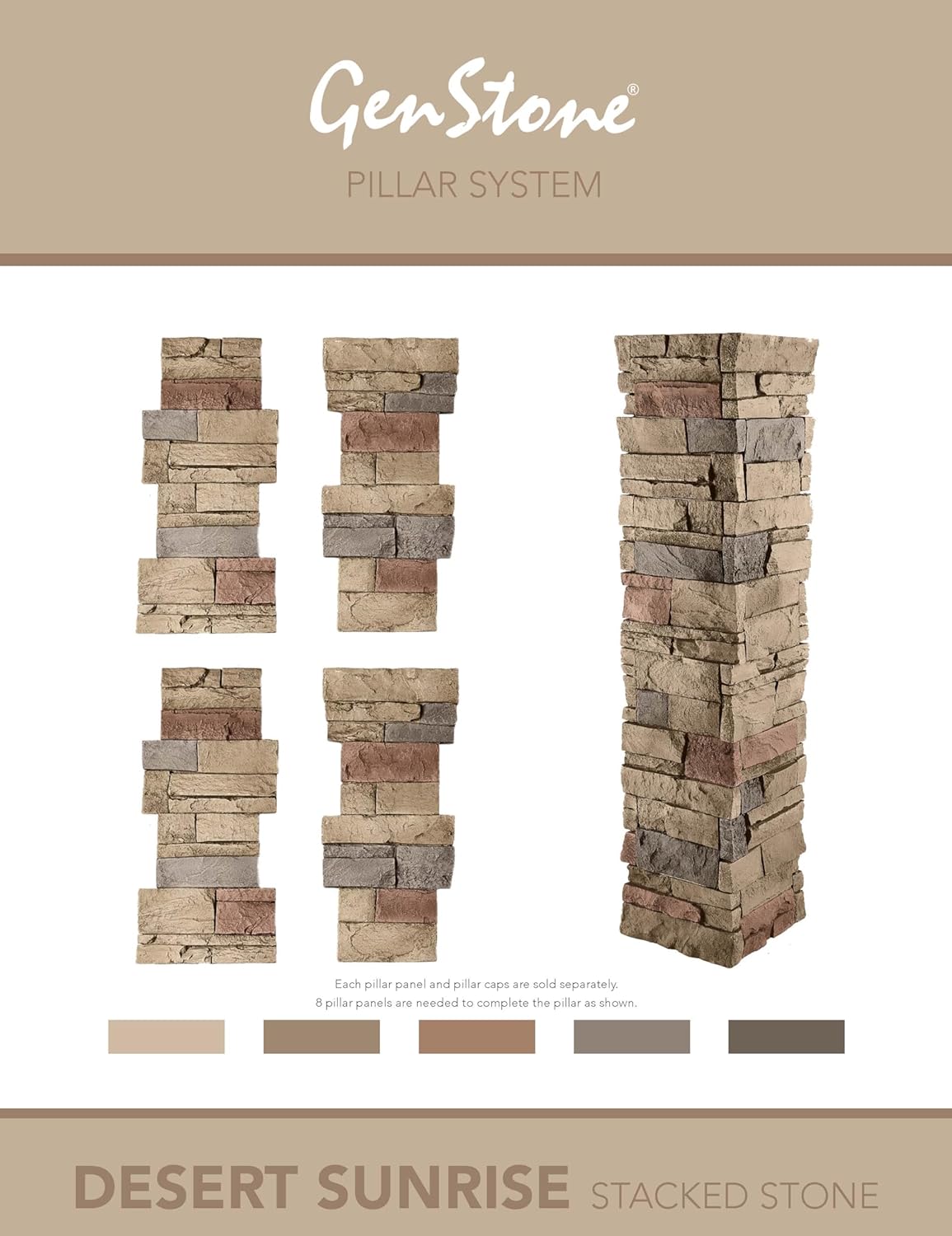 GenStone Faux Stacked Stone Pillar Panel 11.25" x 24" in Desert Sunrise Color for Do It Yourself Friendly Home Improvement Projects