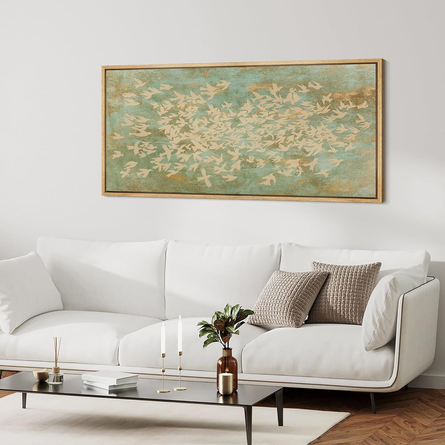 MUDECOR Extra Large Framed Canvas Print Wall Art Rustic Birds in Flight Abstract Pattern Antique Retro Fine Art Illustrations Decorative Colorful for Bedroom - 60"x30"