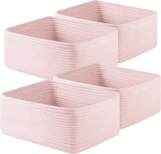 OIAHOMY 4 Pack 14.17*11.02*6.3IN Storage Baskets for Organizing Shelves, Woven Rope Baskets for Organizing Books, Clothes, Decorative Basket for Living Room, Nursery, Bedroom, Gift Basket, Pink
