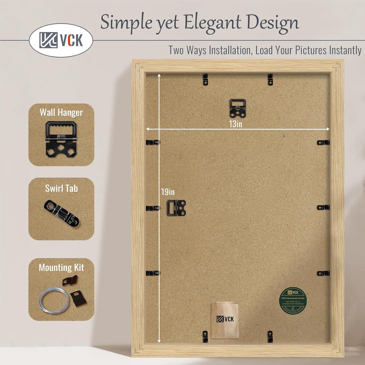 VCK 13x19 Oak Wood Frame for Poster & Picture, Natural Solid Wood Photo Frames 3 Pack, Wall Gallery Frame