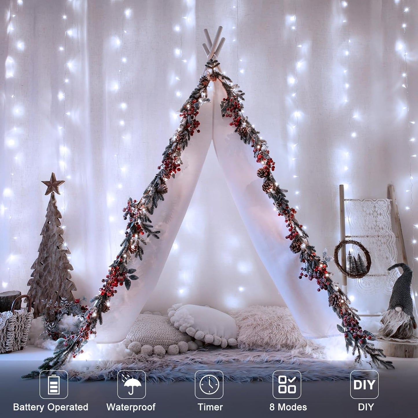 echosari Curtain Lights Battery Operated, 9.8Ft x 9.8ft 300 LED Curtain String Light with Remote Timer 8 Modes Hanging Lights for Wedding Party Home Garden Wall Decor (Cool White)