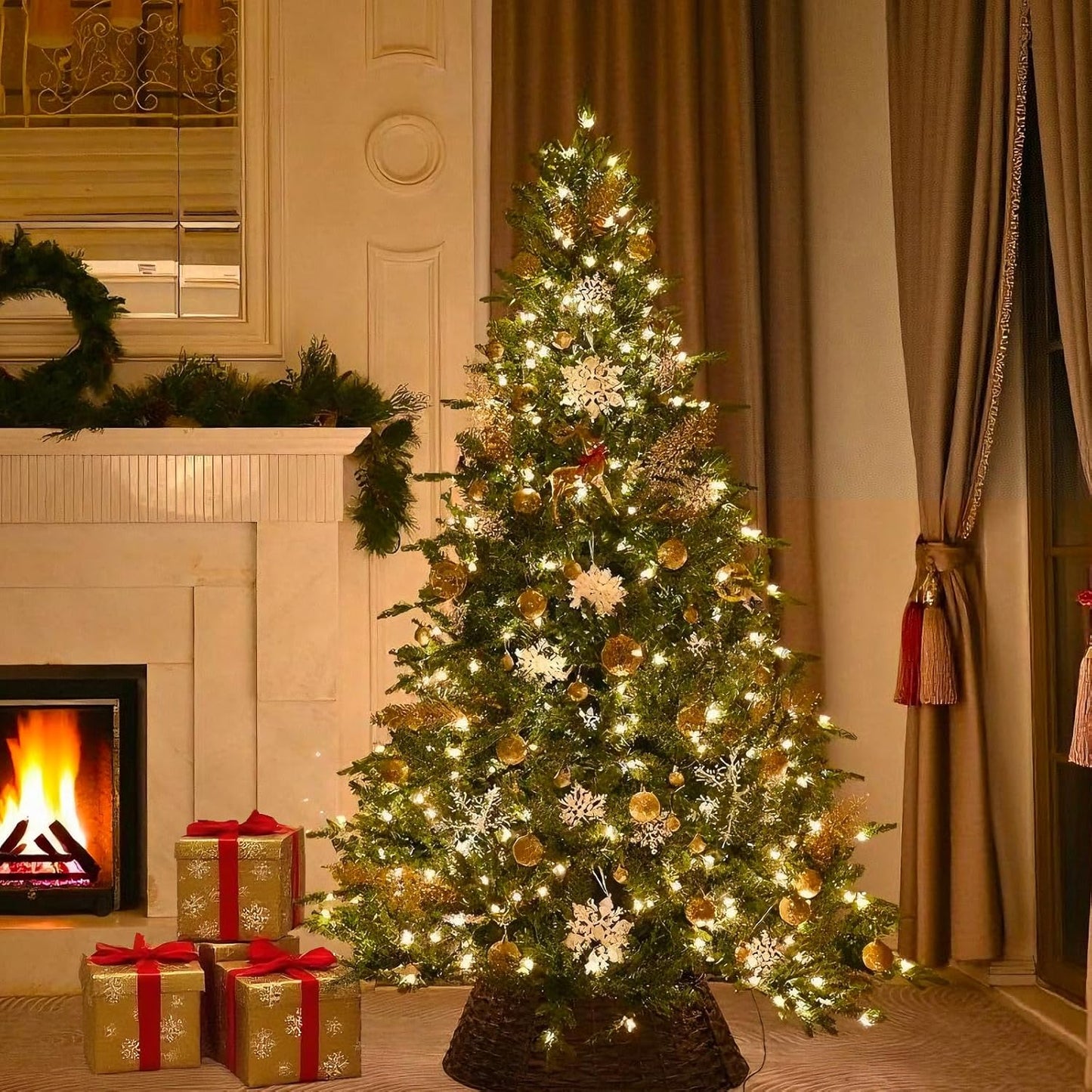 6FT Pre-Lit Artificial Christmas Tree with 1458 PE&PVC Mixed Branch Tips, 400 Warm White Lights, Hinged Premium Spruce Fake Xmas Trees, Green, Foldable Base