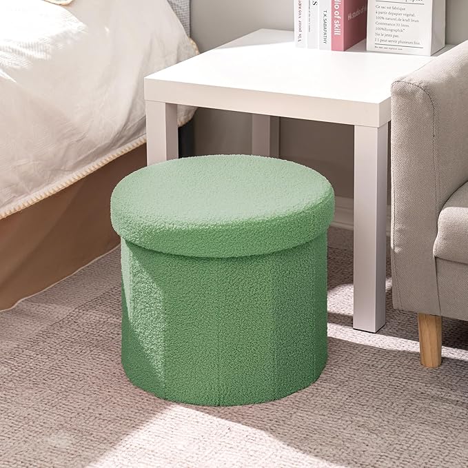B FSOBEIIALEO Storage Ottoman Cube, Round Ottomans with Storage Foot Stool Footrest for Lving Room, Boucle Ottoman Seat for Dorm Room,Faux Teddy Fur, Green 15"x15"x15"
