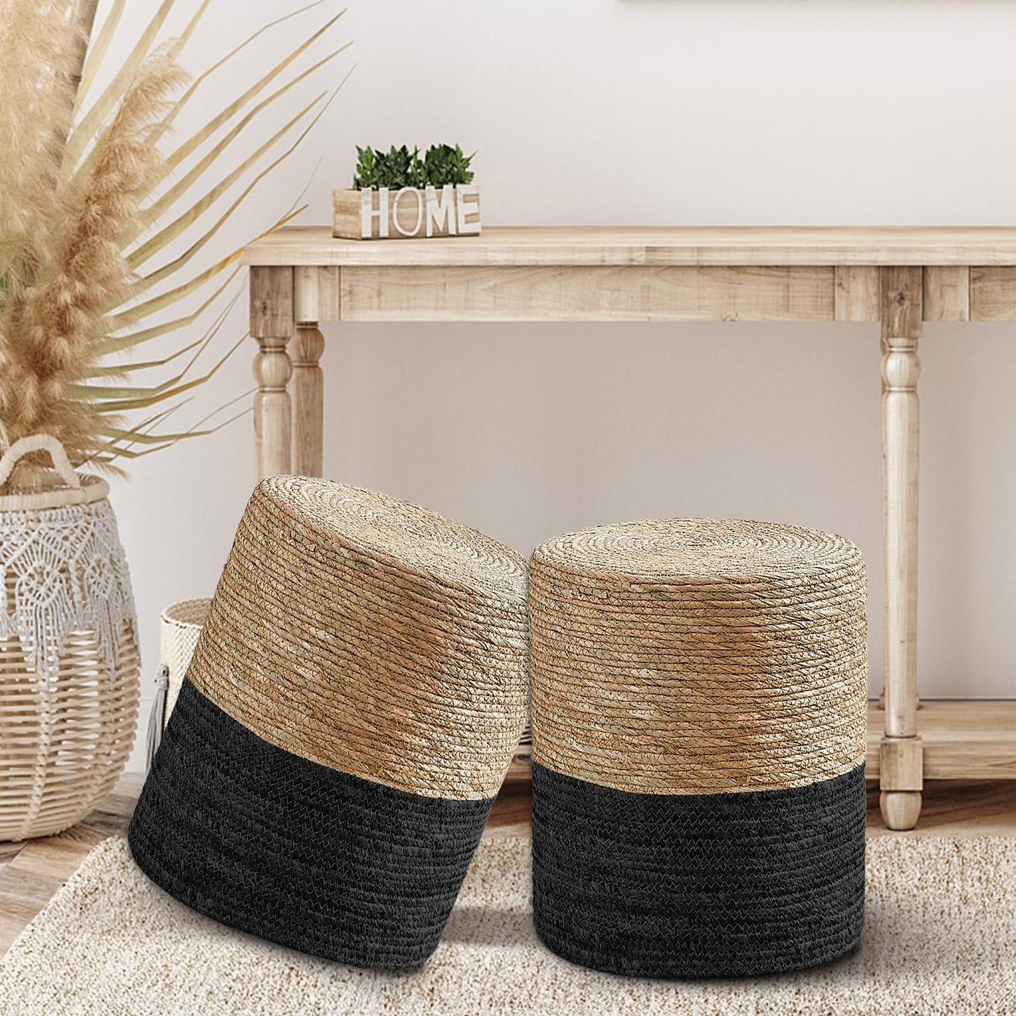 Cplxroc Pouf Ottoman, 100% Handwoven Seagrass Braided Pouffe, Boho Decor Floor Chair for Couch or Desk, Outdoor Ottomans for Garden, Round Footrest with Wood Frame, Home Decorative Seat for Balcony