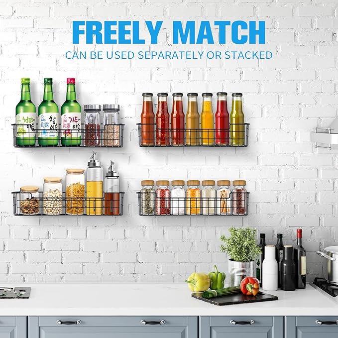 Spice Rack Organizer Wall Mount, Spice Organization Storage Shelf for Cabinet Door, 2 Packs Wall Spice Rack Saving Space for Kitchen, Black