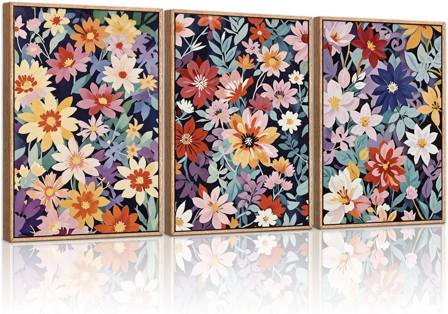 HLNIUC Boho Floral Framed Canvas Wall Art,Colorful Wildflower Landscape Wall Decor Set of 3(16”x24”)Rustic Bohemian Style Flower Art Print,Modern Botanical Floral Wall Painting for Living Room Bedroom