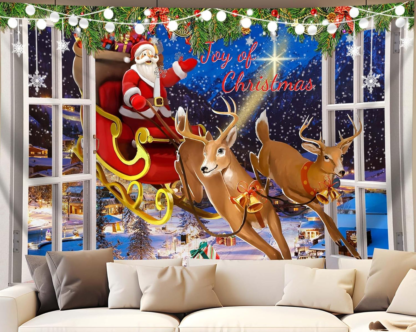 QGHOT Christmas Window Tapestry Wall Hanging Christmas Backdrop Xmas Winter Window Wall Decor Santa Claus Tapestries for Bedroom Living Room Dorm Holiday Party Decoration