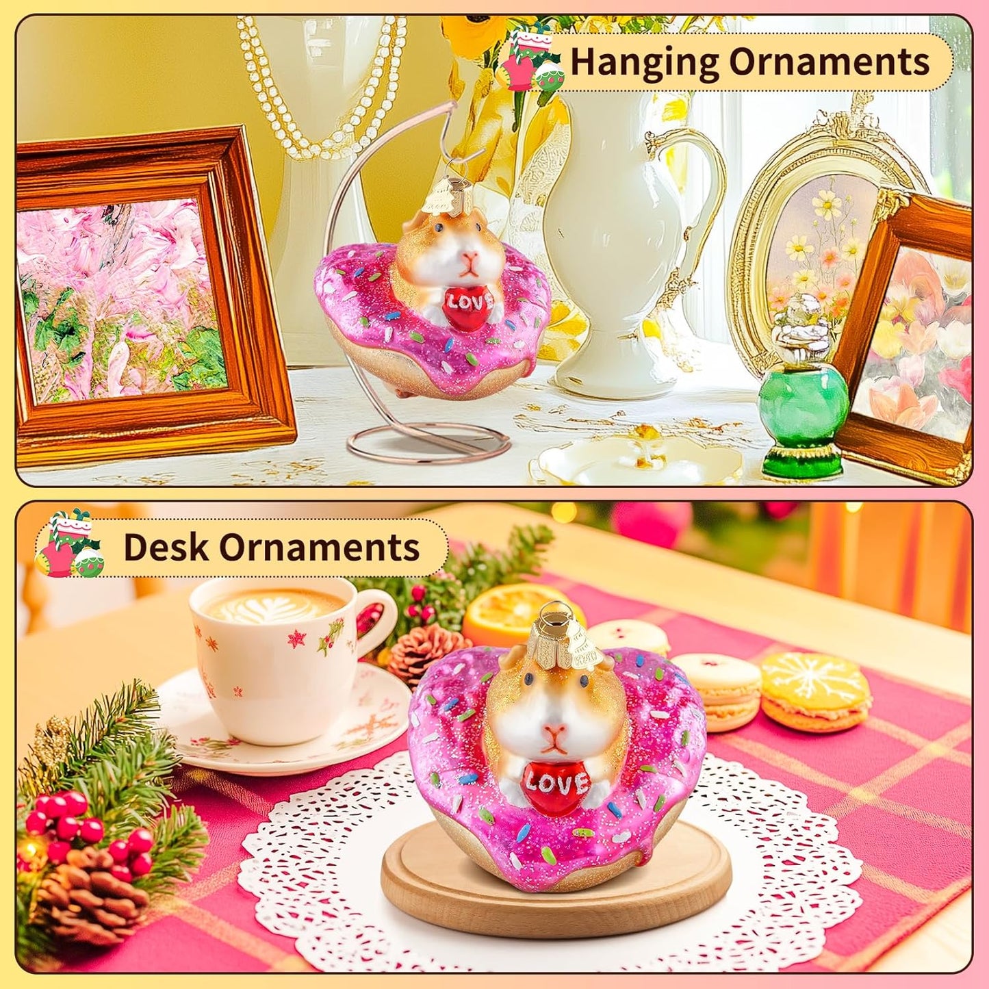 Christmas Tree Ornaments,Hand-Blown Glass Ornaments,Guinea Pig Collection Figurine Hanging Ornaments, Donut Pendant Ornament,Christmas Decorations for Xmas Tree Holiday Party Home Gifts