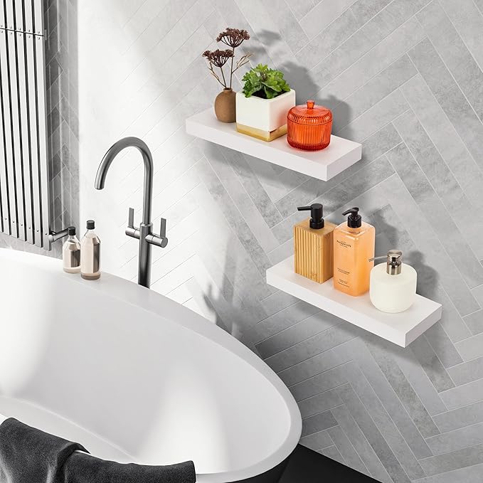 Sorbus Floating Shelves for Wall, Bathroom Shelves Wall Mounted for Kitchen, Bedroom, Bathroom Storage Over Toilet, Hanging Book Shelf for Wall Home Decor Living Room (White, 2 Pack)